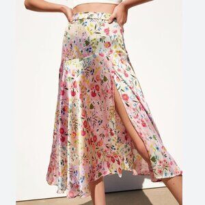Zara Floral Satin Effect Asymmetric Midi Skirt Size XS